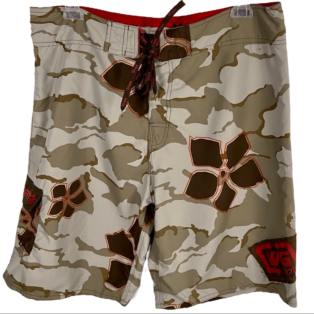 Wiseguy Board Shorts Swim Trunks Tan Brown Red Camo Hibiscus Size XXL
